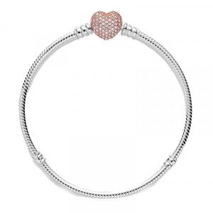 Pandora Pavé Sterling Silver Bracelet w 14k rose gold-plated heart clasp -
